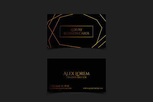 Luxury business card with geometric lines texture and gold detail vector template, banner or invitation with golden foil on black background. Branding and identity graphic design