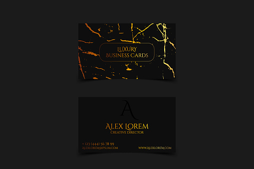 Luxury business card with marble texture and gold detail vector template, banner or invitation with golden foil on black background. Branding and identity graphic design