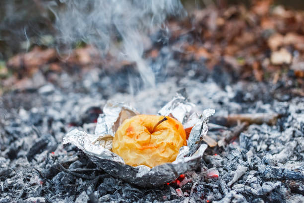 Apple baked on coals in the evening.