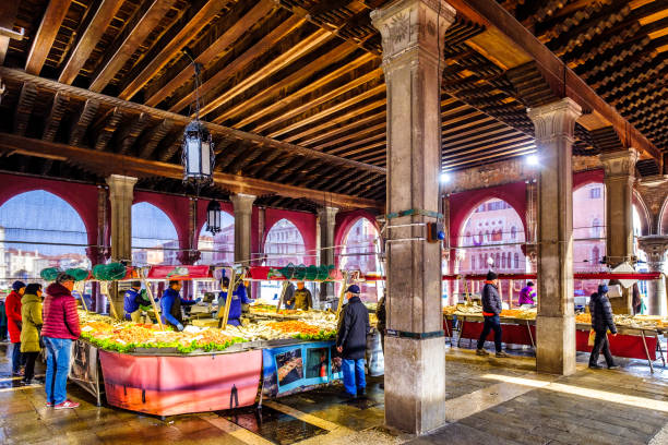 Venice, Italy - March 16: famous Mercato di Rialto - fish- and farmers-market near the rialto bride in venice on March 16, 2019