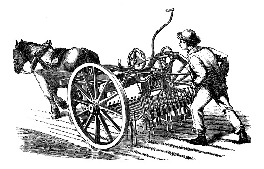 Antique illustration from agriculture encyclopedia tools and techniques: Sowing seeder machine