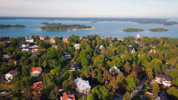 Aerial view of lake and houses in sweden Aerial view of lake and houses in sweden djurgarden photos stock pictures, royalty-free photos & images