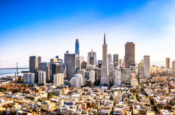 downtown san francisco - san francisco county skyline panoramic california imagens e fotografias de stock