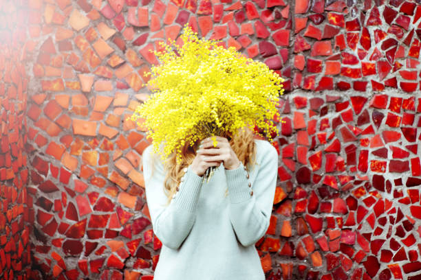 Hipster woman with a bouquet of mimosa Hipster woman with bouquet of mimosa on red wall background yellow fairy fan stock pictures, royalty-free photos & images