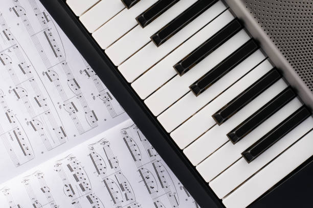 Electronic musical instrument synthesizer, flat lay style