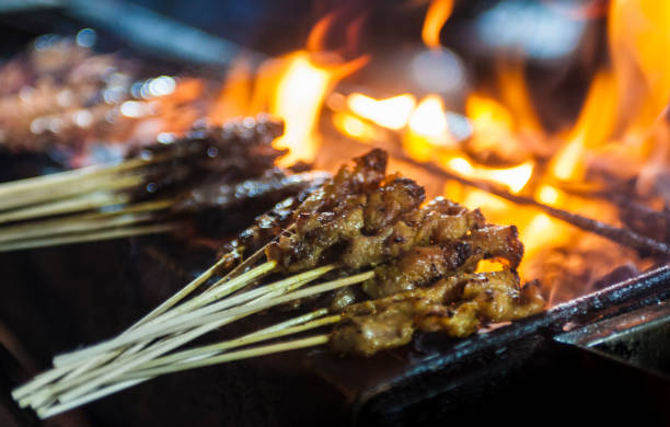 marinated chicken satay on barbecue grill - grilled chicken chicken barbecue fire imagens e fotografias de stock