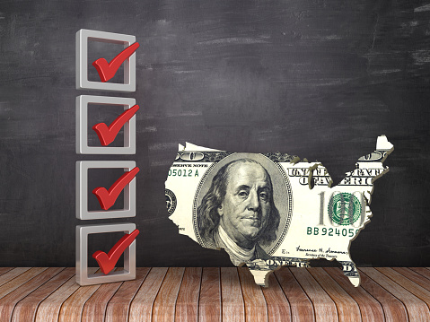3D Check List with USA Country with Dollar Bill on Chalkboard Background - 3D Rendering