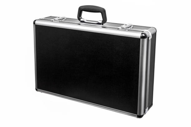 istock Black padded aluminum briefcase case with metal corners isolated on white background 1142012448