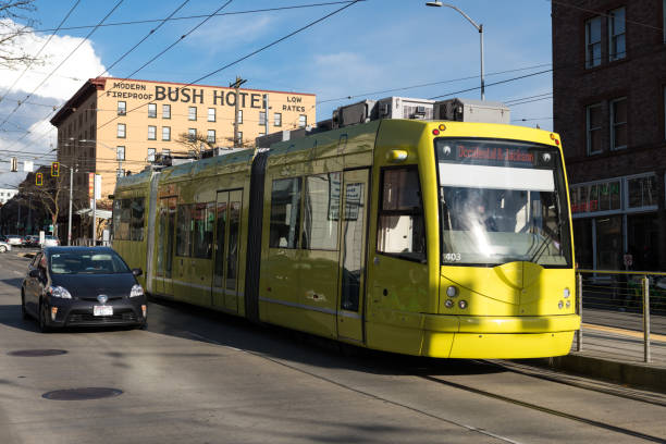 Seattle, Washington - Mar 28, 2019 : Late in the day the Jackson street car in the International district.
