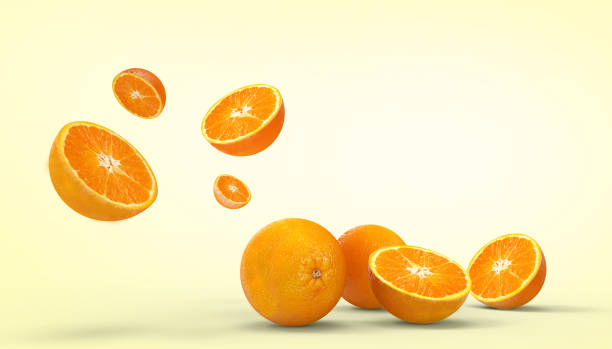 istock Orange fruit fresh Concept Summer - holidays and artwork on yellow background - 3d rendering 1142017567