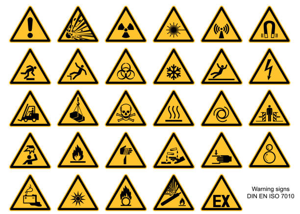 illustrations, cliparts, dessins animés et icônes de signe d’avertissement collection din 7010 et asr 1.3 vecteur isolé sur fond blanc - 7010