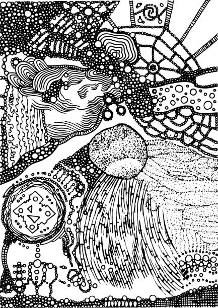 ilustrações, clipart, desenhos animados e ícones de círculos pequenos e textura dos anéis. arte abstrata psicadélico do fundo do doodle da tinta. padrão monocromático. ilustração do vetor - skratch