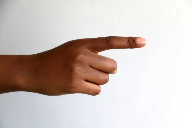 Isolated black African female hand pointing in a direction, touching an object, to be used in advertising