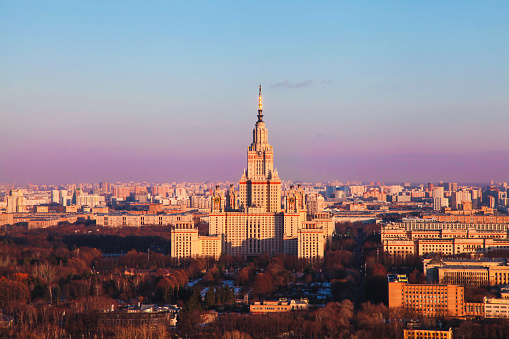Moscow state university at beautiful sunrise light. Russia. Njp view.