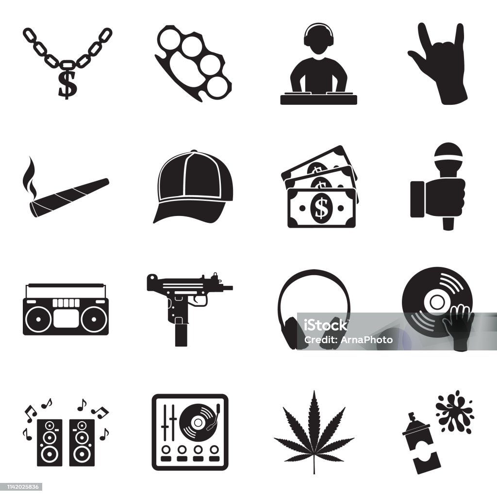 mass Mainstream Decorative Icone Hip Hop E Rap Design Piatto Nero Illustrazione Vettoriale - Immagini  vettoriali stock e altre immagini di Musica rap - iStock