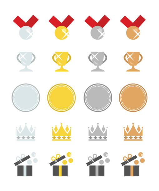 Awards in Platinum, Gold, Silver and Bronze Medallions, trophy cups, circle badges, crowns and coins in gift boxes award bronze medal medal ribbon stock illustrations
