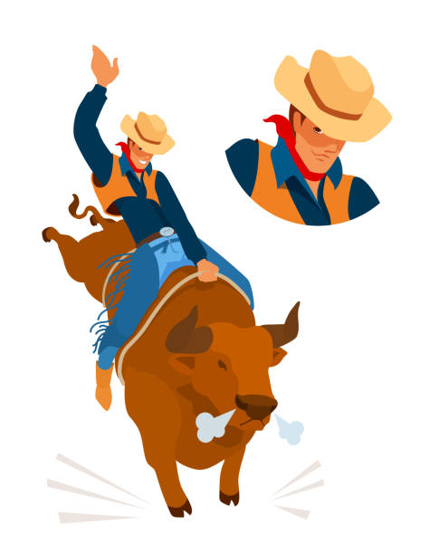 illustrazioni stock, clip art, cartoni animati e icone di tendenza di il cowboy al rodeo. bell'uomo sellato un toro bucking. - rodeo bull bull riding cowboy