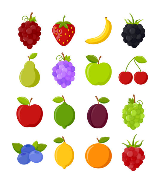 ilustraciones, imágenes clip art, dibujos animados e iconos de stock de conjunto de frutas coloridas - fruit apple orange lemon