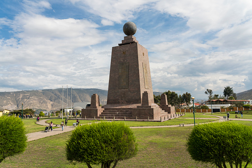 Quito, Ecuador - February 22, 2019: The monument Middle of the world, Mital del Mundo in San Antonio parish. Monument to the Equator,the exact location of the Equator.