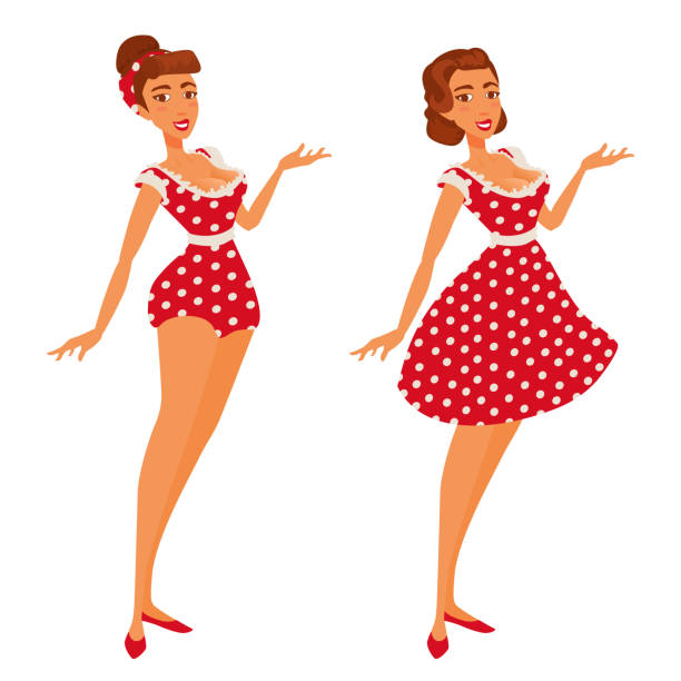 빈티지 헤어스타일 복고풍 의류에 젊은 아가씨. - pin up girl human hair retro revival old fashioned stock illustrations