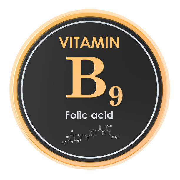 istock Vitamin B9, folic acid. Circle icon, chemical formula, molecular structure. 3D rendering 1142032295