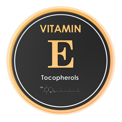 Vitamin E, tocopherols. Circle icon, chemical formula, molecular structure. 3D rendering