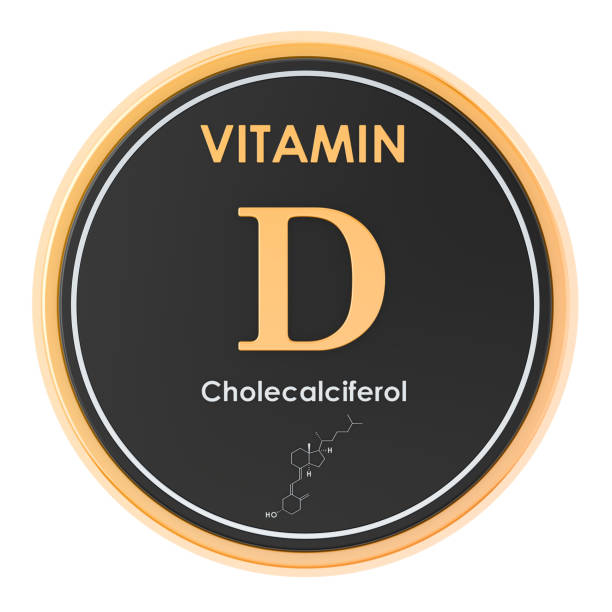 istock Vitamin D, cholecalciferol. Circle icon, chemical formula, molecular structure. 3D rendering 1142032390