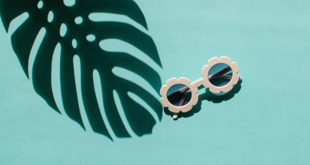 istock Composition of white modern sunglasses, tropical leaves on blue background 1142033487
