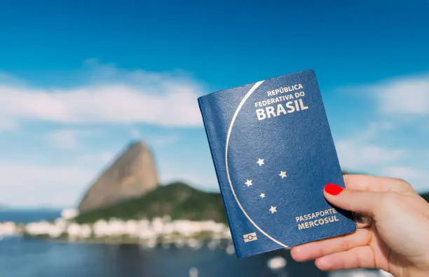 Hand holding Brazilian passport with SugarLoaf Mountain in Rio de Janeiro, Brazil in background - digital composite