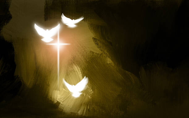 Spiritual Doves and glowing Christian Cross abstract background Conceptual graphic illustration of glowing Christian cross with three white doves, symbolizing the Easter message Jesus Christ's sacrificial work of salvation. Digital artwork composed against abstract gold colored oil painted background with texture. praise and worship stock illustrations