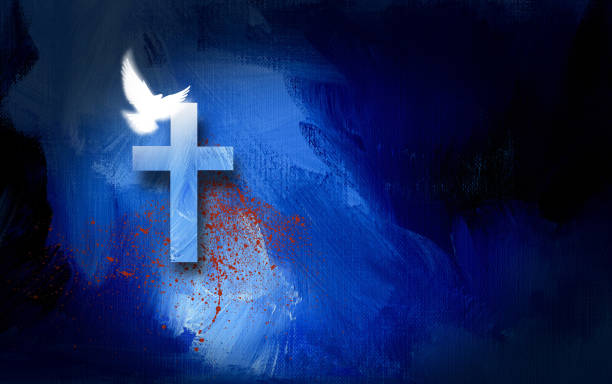 графический христианский крест с духовным фоном голубя - redeem stock illustrations