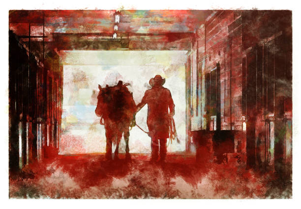 마구간에서 카우보이-디지털 사진 조작 - illustration and painting animal cowboy horse stock illustrations