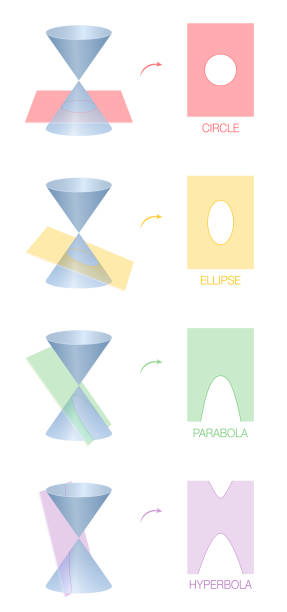 Circle, ellipse, parabola and hyperbola. Four different conic sections obtained as the intersection of the surface of a cone with a plane. Colored version. Circle, ellipse, parabola and hyperbola. Four different conic sections obtained as the intersection of the surface of a cone with a plane. Colored version. parabola stock illustrations