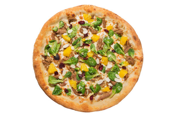 istock Italian pizza with duck meat and oranges, flat lay on a white background, isolate 1142043144