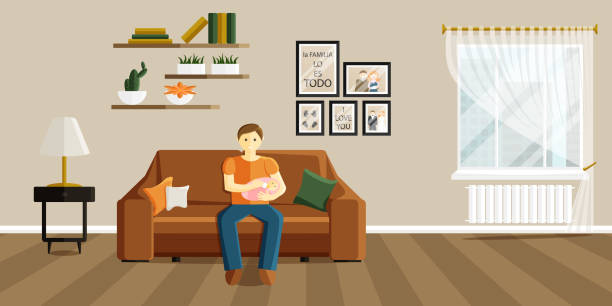 ilustraciones, imágenes clip art, dibujos animados e iconos de stock de vector ilustración plana del padre alimenta al bebé - family sofa vector illustration and painting