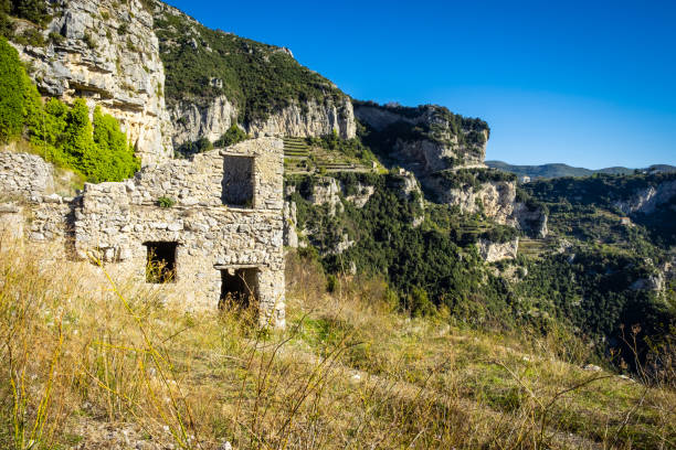 Ruins on path of the Gods on Amalfi coast stock photo