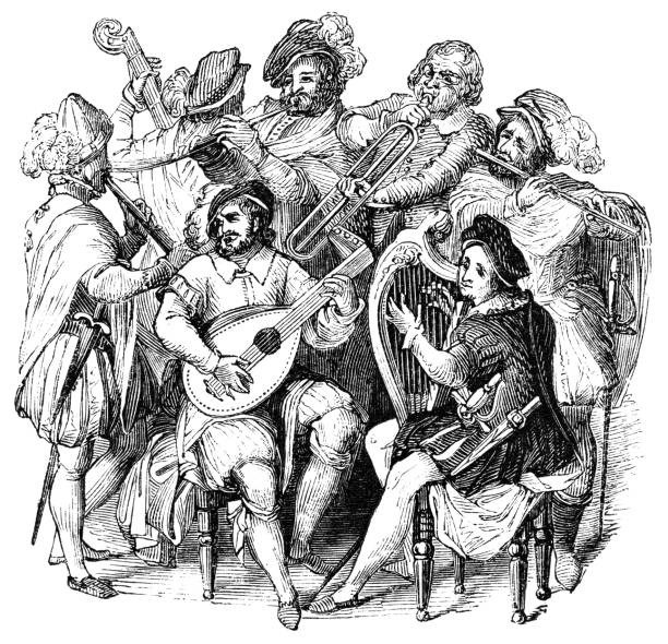 grupa minstrels performing - xvi wiek - medieval music stock illustrations