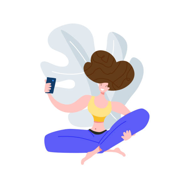 Yoga girl pose, smiling and taking selfie for social media holding camera in hand. Gadget beach party vector illustration Yoga girl pose, smiling and taking selfie for social media, using selfie stick or holding camera in hand. Gadget beach party vector illustration clip art of a teen webcam stock illustrations
