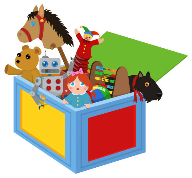 Toy Box A colorful toy chest filled with traditional children's toys behavior teddy bear doll old stock illustrations