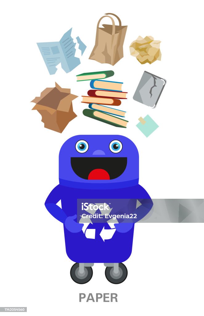 Paper waste black bin. Waste sorting and recycling concept. Color ilustration. Paper waste in blue recycling bin with disposed paper products such as letters, flyers, brochures, magazines, folders and other. Waste segregation recycling management concept. Basket stock illustration