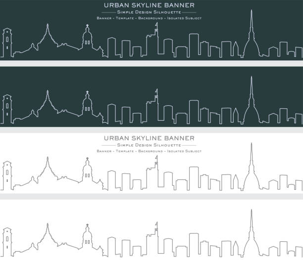 illustrazioni stock, clip art, cartoni animati e icone di tendenza di striscione skyline linea singola torino - torino