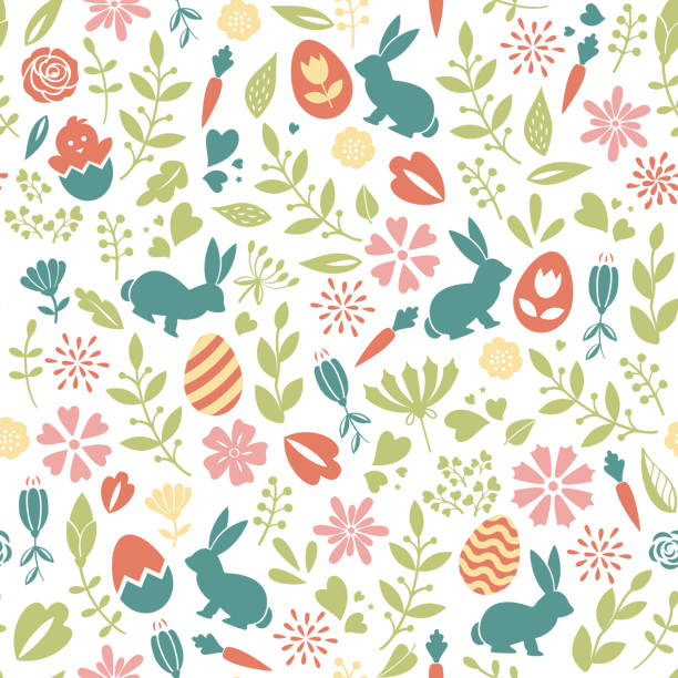 꽃 원활한 부활절 화려한 패턴 - leaf green backgrounds flower stock illustrations