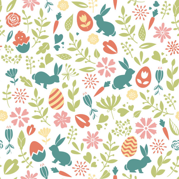 kwiatowy bezszwowy wielkanocny kolorowy wzór - leaf green backgrounds flower stock illustrations