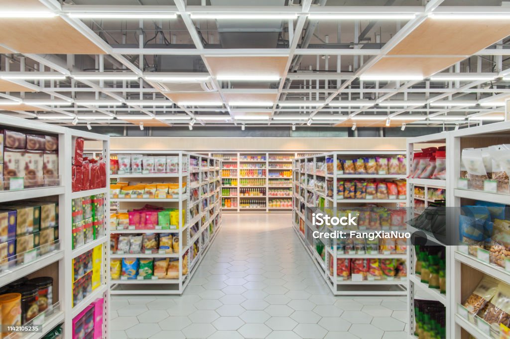 View of supermarket interior snacks section Supermarket Stock Photo
