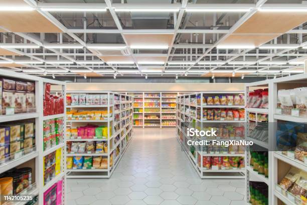 View Of Supermarket Interior Snacks Section Stock Photo - Download Image Now - Supermarket, Store, Aisle