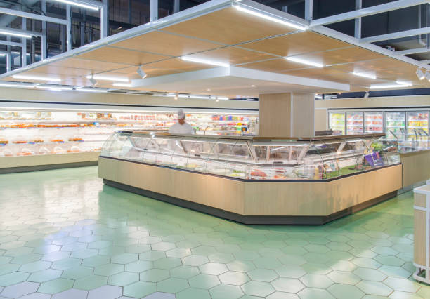 View of meat and deli section of supermarket View of meat and deli section of supermarket refrigerated section supermarket photos stock pictures, royalty-free photos & images