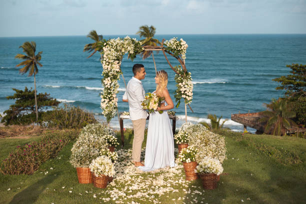 istock Bride and groom at their wedding elopement altar 1142107397