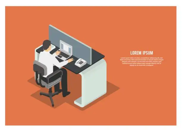 Vector illustration of male employee working in an office, isometric view