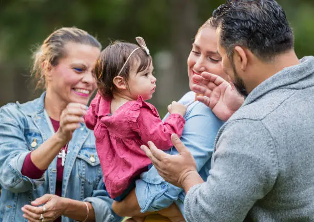 Photo of Multi-generation Hispanic family, baby girl