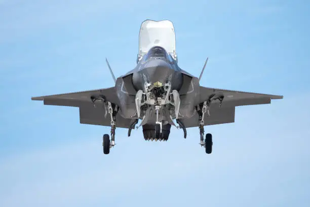 Photo of Front view of a F-35 Lightning II hovering against the sky